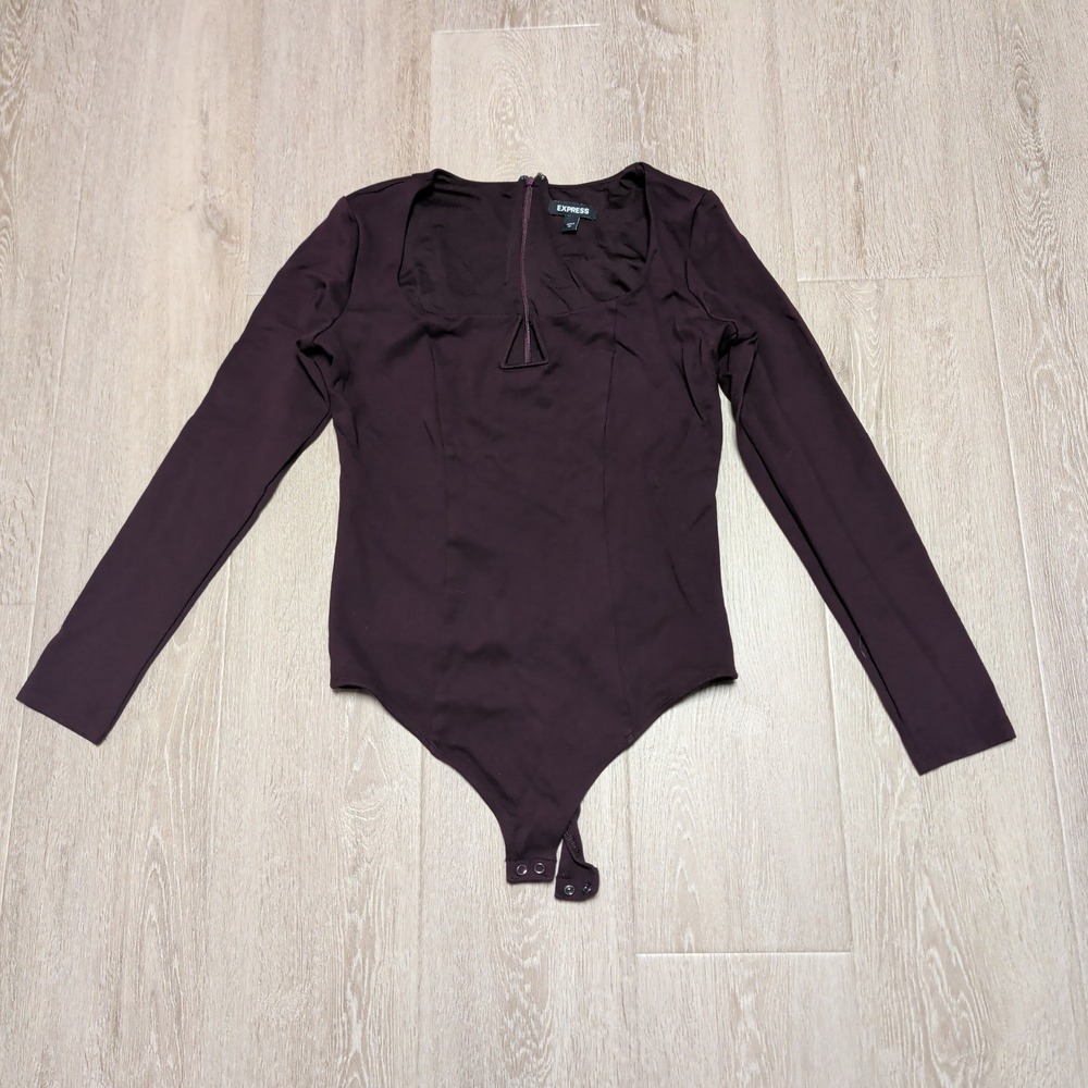 Express Fitted V Wire Womens M Long Sleeve Square Neck Bodycon Bodysuit Plum